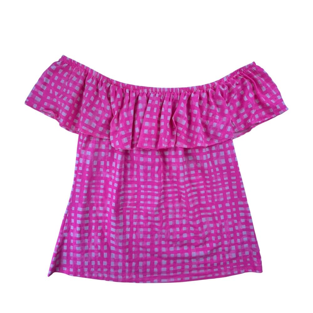 Lily Pulitzer pink & white gingham/square print off the shoulder top, size large